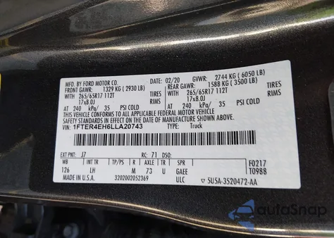 2020 Ford Ranger Xlt z USA, uszkodzony, nr VIN 1FTER4EH6LLA20743